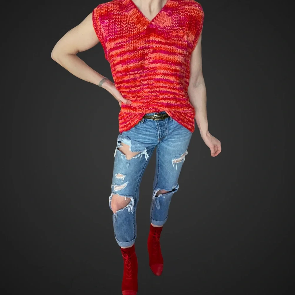 OOAK Vintage 70s80s Vibrant Sunset Multicolor Handmade Crochet Knit Sweater Vest - Picture 5 of 10